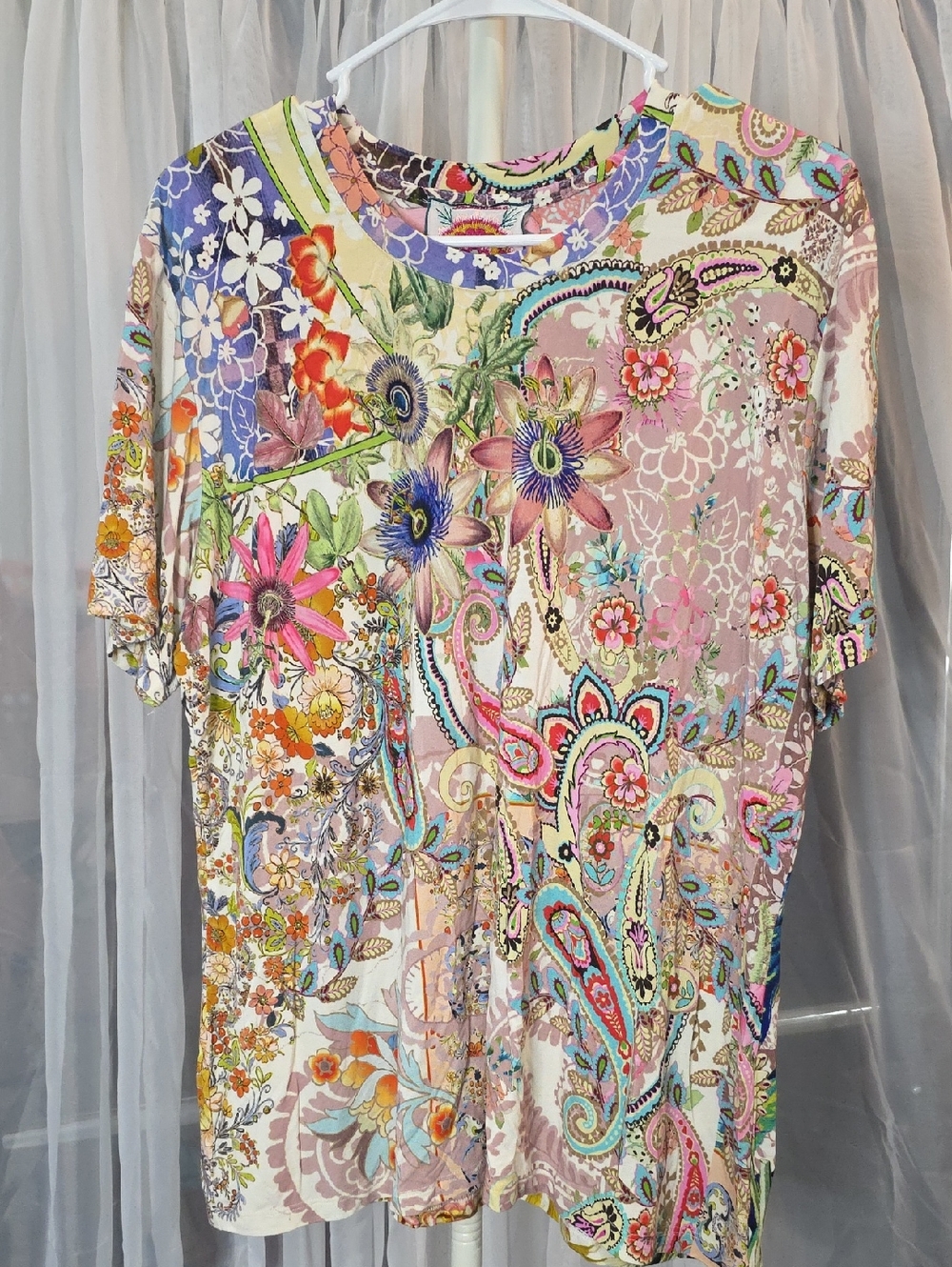 #235 Johnny Was Multicolor Floral Paisley Short-Sleeve Top